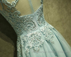 Mint Green Tulle Short Lace Beaded Knee Length Wedding Party Dress, Lovely Homecoming Dress Semi Formal Prom Dress