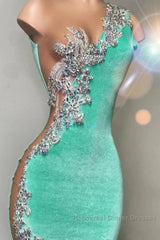 Mint Green Velvet Crstyal Sheer Mermaid Semi Formal Prom Dress