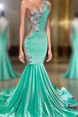 Mint Green Velvet Crstyal Sheer Mermaid Semi Formal Prom Dress