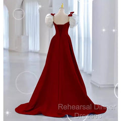 Modest A Line Long Short Sleeves Satin Red Semi Formal Prom Dresses