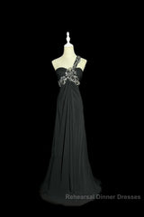 Modest A Line One Shoulder Gray Chiffon Long Semi Formal Prom Dress Party Dress