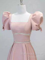 Modest A Line Short Sleeves Long Pink Semi Formal Prom Dress