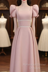 Modest A Line Short Sleeves Long Pink Semi Formal Prom Dress