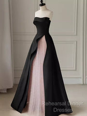 Modest A Line Strapless Long Satin Black Semi Formal Prom Dresses