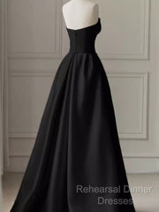 Modest A Line Strapless Long Satin Black Semi Formal Prom Dresses
