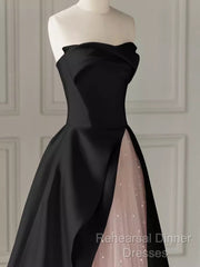 Modest A Line Strapless Long Satin Black Semi Formal Prom Dresses