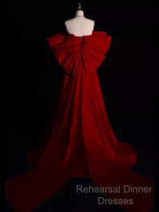 Modest A Line Strapless Long Short Sleeves Satin Red Semi Formal Prom Dresses