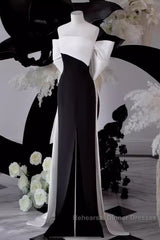 Modest A Line Strapless Long Sleeveless Satin Black Semi Formal Prom Dresses