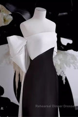 Modest A Line Strapless Long Sleeveless Satin Black Semi Formal Prom Dresses