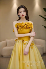 Modest A Line Strapless Yellow Tulle Long Semi Formal Prom Dress Party Dress