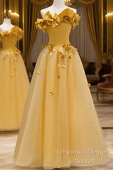 Modest A Line Strapless Yellow Tulle Long Semi Formal Prom Dress Party Dress