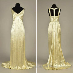 Modest A Line V Neckline Yellow Satin Beads Long Party Dress Semi Formal Prom Dresses