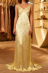 Modest A Line V Neckline Yellow Satin Beads Long Party Dress Semi Formal Prom Dresses