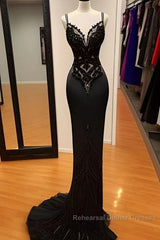 Modest Black Spaghetti Strap Mermaid Satin Semi Formal Prom Dresses Long Semi Formal Prom Dress