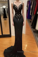 Modest Black Spaghetti Strap Mermaid Satin Semi Formal Prom Dresses Long Semi Formal Prom Dress