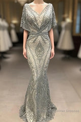 Modest Evening Dresses Long Gray Lace Appliqu篓娄 Beaded Elegant Mermaid Semi Formal Prom Dresses