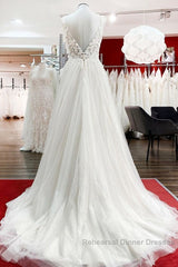 Modest Long A-line V-neck Tulle Ruffles Backless Wedding Dress With Lace