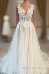 Modest Long V-Neck Sleeveless Lace Backless Wedding Dresses Online
