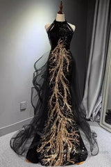 Modest Mermaid Halter Long Black Semi Formal Prom Dress