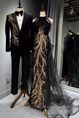 Modest Mermaid Halter Long Black Semi Formal Prom Dress