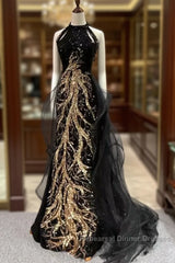 Modest Mermaid Halter Long Black Semi Formal Prom Dress