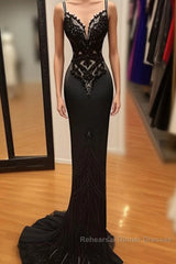 Modest Mermaid Lace Black Semi Formal Prom Dresses Long Semi Formal Prom Dress