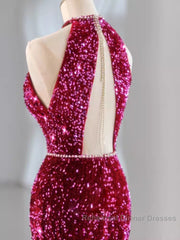 Modest Mermaid Long Sleeveless Sequin Semi Formal Prom Dresses