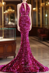 Modest Mermaid Long Sleeveless Sequin Semi Formal Prom Dresses