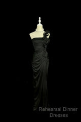 Modest Mermaid One Shoulder Black Satin Long Semi Formal Prom Dress Party Dress
