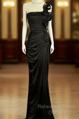 Modest Mermaid One Shoulder Black Satin Long Semi Formal Prom Dress Party Dress