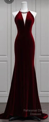 Modest Mermaid Scoop Neckline Burgundy Velvet Long Party Dress Semi Formal Prom Dress