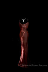 Modest Mermaid Spaghetti Straps Burgundy Semi Formal Prom Dress Ruffle Long Party Dress