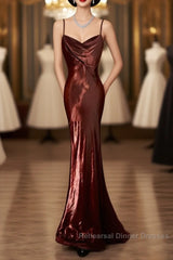 Modest Mermaid Spaghetti Straps Burgundy Semi Formal Prom Dress Ruffle Long Party Dress