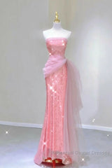 Modest Mermaid Strapless Pink Tulle Ruffles Long Party Dress Semi Formal Prom Dresses