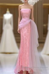 Modest Mermaid Strapless Pink Tulle Ruffles Long Party Dress Semi Formal Prom Dresses
