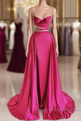 Modest Mermaid Straps Long Hot Pink Slit Satin Semi Formal Prom Dress