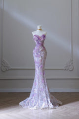 Modest Mermaid Sweetheart Lilac Tulle Sequin Flowers Evening Dress Long Semi Formal Prom Dresses