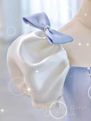 Modest Princess Short Sleeves Long Blue Satin Semi Formal Prom Dress