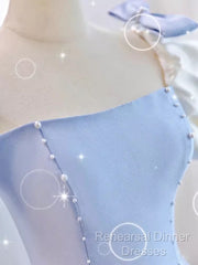 Modest Princess Short Sleeves Long Blue Satin Semi Formal Prom Dress