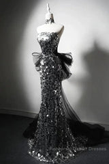 Modest Silver Mermaid Strapless Sequin Tulle Long Semi Formal Prom Dress Formal Evening Dress