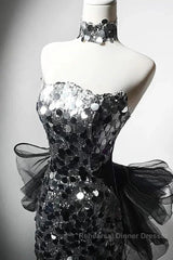 Modest Silver Mermaid Strapless Sequin Tulle Long Semi Formal Prom Dress Formal Evening Dress