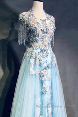 Modest Sky Blue A-Line Tulle Beading Embroidery Appliques Long Semi Formal Prom Dress Pageant Gown