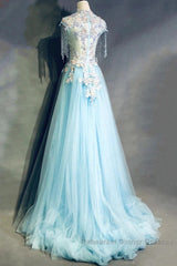 Modest Sky Blue A-Line Tulle Beading Embroidery Appliques Long Semi Formal Prom Dress Pageant Gown