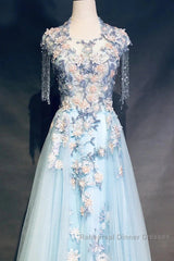 Modest Sky Blue A-Line Tulle Beading Embroidery Appliques Long Semi Formal Prom Dress Pageant Gown