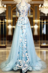 Modest Sky Blue A-Line Tulle Beading Embroidery Appliques Long Semi Formal Prom Dress Pageant Gown