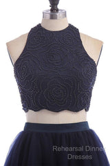 Modest Two Pieces Sleeveless Hollow Navy Blue Homecoming Dress