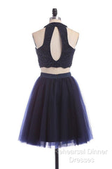 Modest Two Pieces Sleeveless Hollow Navy Blue Homecoming Dress