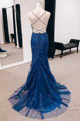 Navy Appliques Lace-Up Back Mermaid Long Semi Formal Prom Dress With Slit
