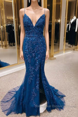 Navy Appliques Lace-Up Back Mermaid Long Semi Formal Prom Dress With Slit