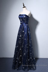 Navy Blue A-Line Tulle Long Evening Dress, Navy Blue Semi Formal Prom Dress